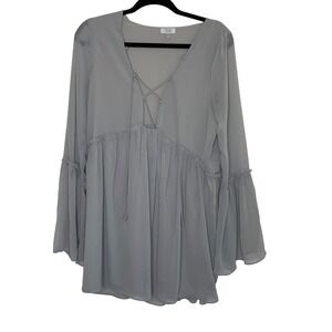 Tobi Flowy Sheer Light Gray Blouse with Ruffle Details Boho Chic Womens M